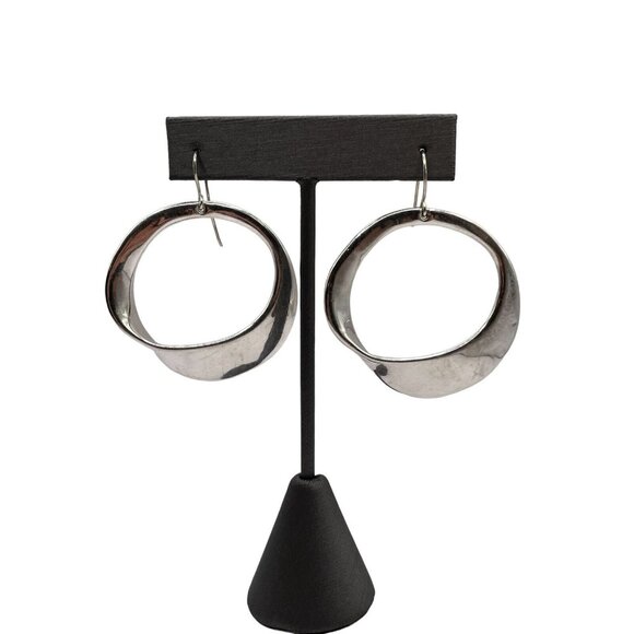 Sterling Silver Plated Abstract Open Hoop Earrings Pierced Signed Israel - Picture 3 of 14